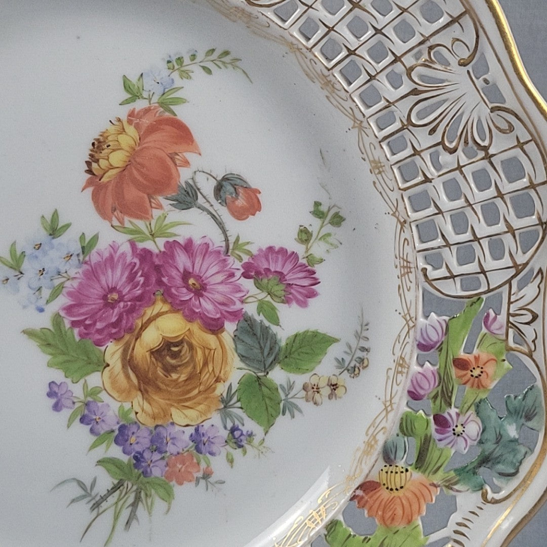 Carl Thieme Style Dresden Reticulated Plate Raised Enamel Floral Gold Trim 9"9
