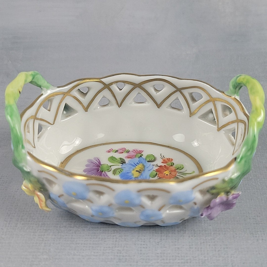 Dresden Germany Reticulated Porcelain Basket Forget Me Not Flowers & Vine Handle1
