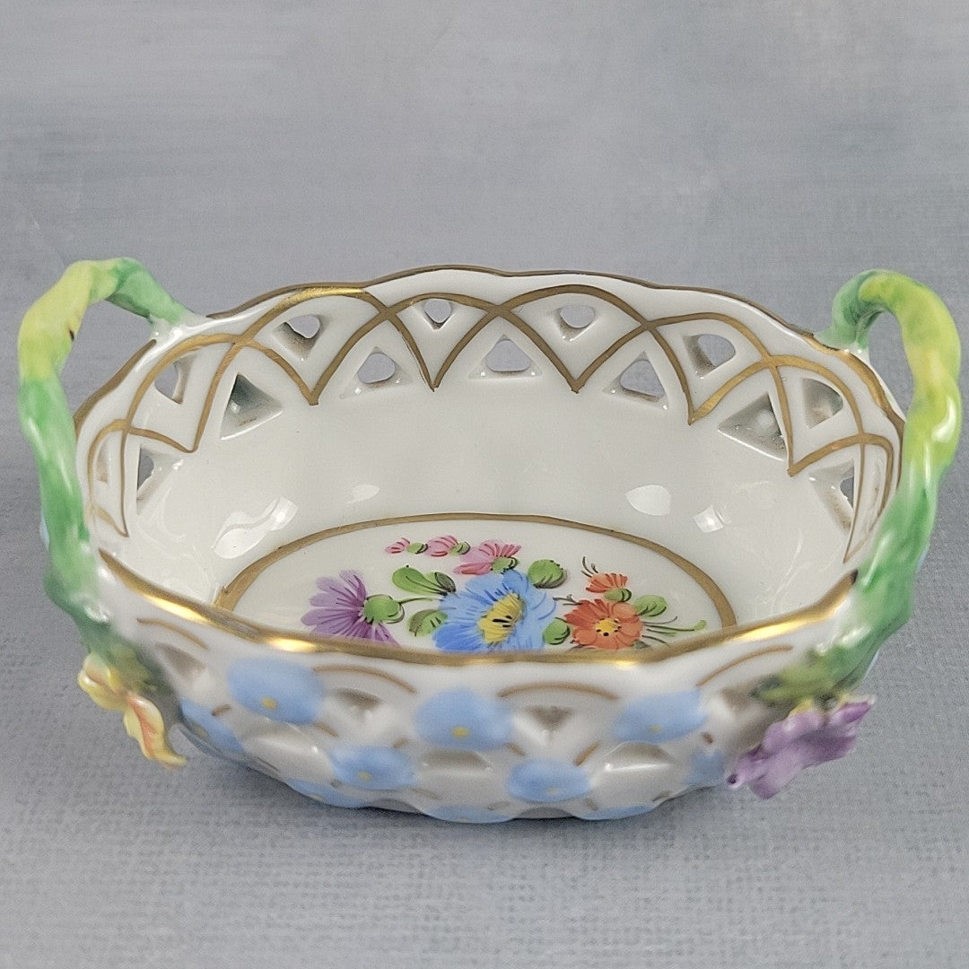 Dresden Germany Reticulated Porcelain Basket Forget Me Not Flowers & Vine Handle1
