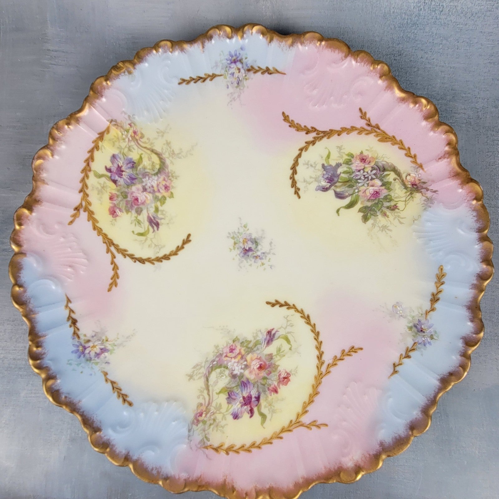 Antique Limoges Charger Plate 12.5” Partridge & Richardson Pastel Florals Gilt1