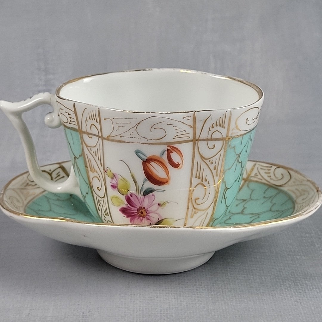 Meissen Quatrefoil Porcelain Cup & Saucer, Hand Painted Flowers Turquoise c19002
