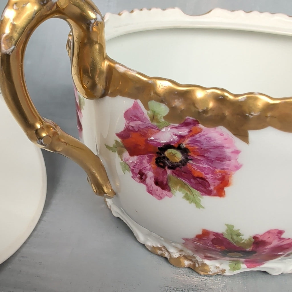 JP France Limoges Antique Poppies Porcelain Hand Painted Biscuit Cracker Jar 8