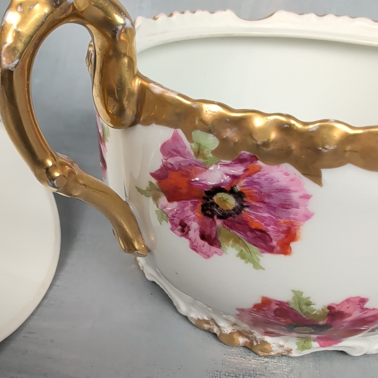 JP France Limoges Antique Poppies Porcelain Hand Painted Biscuit Cracker Jar 8