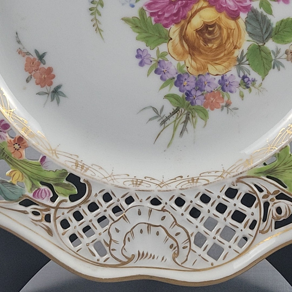 Carl Thieme Style Dresden Reticulated Plate Raised Enamel Floral Gold Trim 9"7